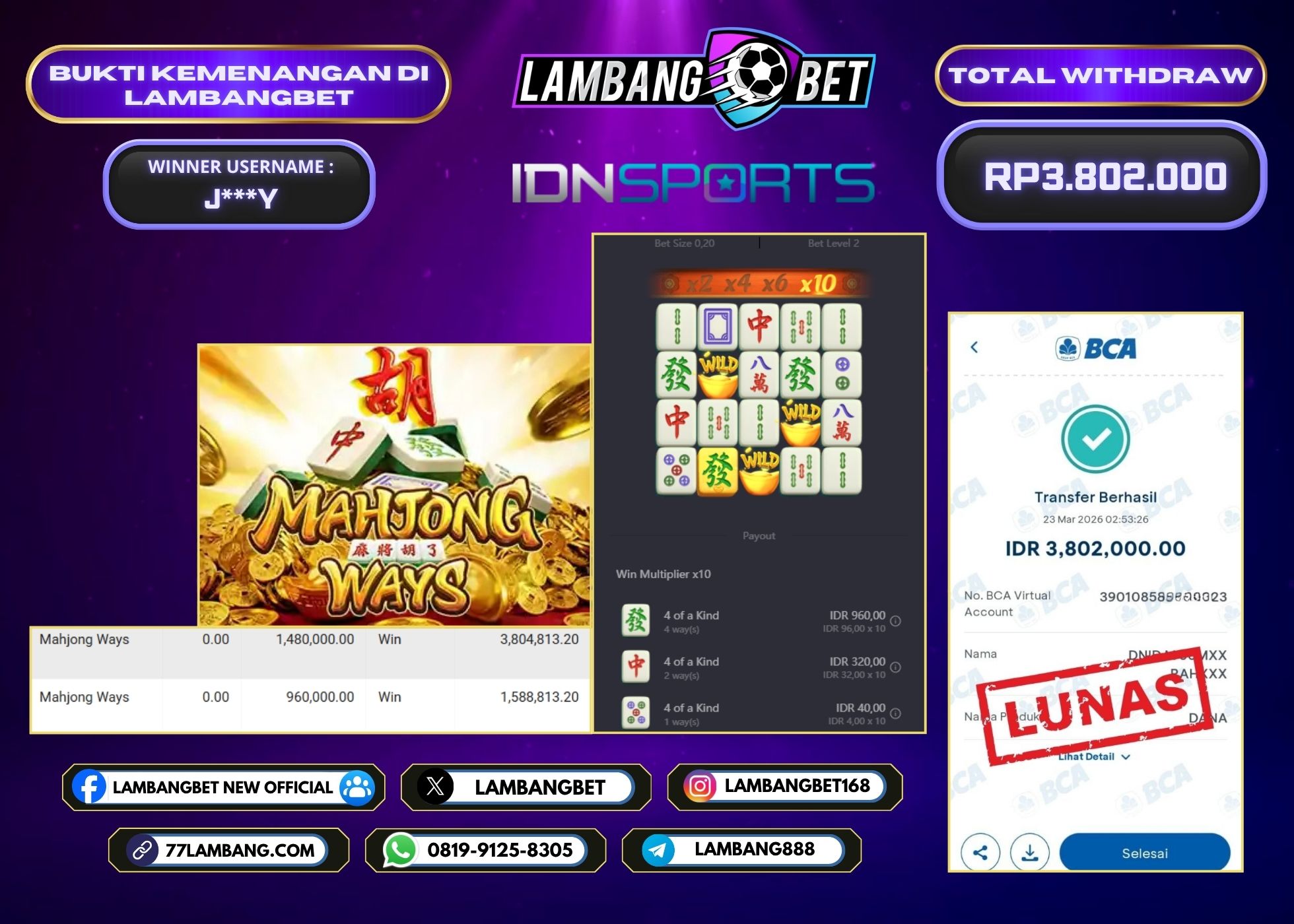 LAMBANGBET [7 MARET 2026] JACKPOT SLOT Mahjong Ways 2 "Rp12.000.000" LUNAS